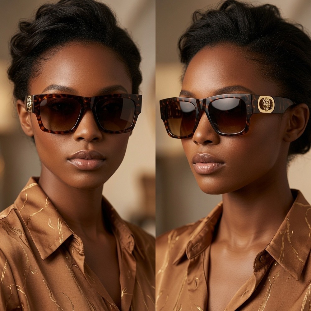 Oversized Square Tortoise Sunglasses Gold Lion Head Medallion Brown Lens Women